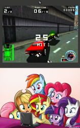 Size: 643x1024 | Tagged: safe, artist:the-butch-x, derpibooru import, applejack, fluttershy, pinkie pie, rainbow dash, rarity, sunset shimmer, twilight sparkle, earth pony, pegasus, pony, unicorn, car, computer, crash, demolition racer, exploitable meme, game, laptop computer, mane six, meme, smashing, what's on the laptop sunset?