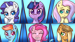 Size: 2560x1440 | Tagged: safe, artist:wolfy-pony, derpibooru import, applejack, fluttershy, pinkie pie, rainbow dash, rarity, twilight sparkle, twilight sparkle (alicorn), alicorn, earth pony, pegasus, pony, unicorn, cowboy hat, eyes closed, freckles, happy, hat, hat tip, heart eyes, looking at you, mane six, signature, wingding eyes