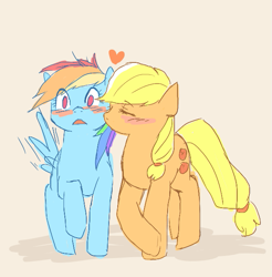 Size: 607x616 | Tagged: safe, artist:misty, derpibooru import, applejack, rainbow dash, earth pony, pegasus, pony, appledash, blushing, female, heart, kissing, lesbian, pixiv, shipping, wingboner