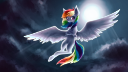 Size: 1920x1080 | Tagged: safe, artist:peachykat, rainbow dash, pegasus, pony, flying, moon, solo