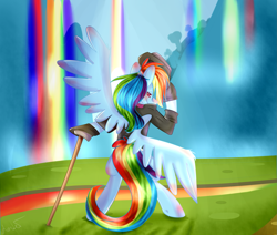 Size: 1773x1501 | Tagged: safe, artist:edmunddashie1815, derpibooru import, rainbow dash, pegasus, pony, bipedal, blushing, clothes, gloves, hat, hat tip, looking at you, looking back, rear view, scenery, signature, solo, stick, strategically covered