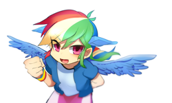 Size: 700x420 | Tagged: safe, artist:youhoujou, derpibooru import, rainbow dash, human, eared humanization, humanized, simple background, solo, winged humanization, wings