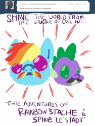 Size: 768x1024 | Tagged: safe, rainbow dash, spike, dragon, pegasus, pony, ask, mousdash, moustache, rainbowdashtellsitlikeitis, tumblr