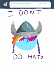 Size: 768x1024 | Tagged: safe, rainbow dash, pegasus, pony, ask, hat, rainbowdashtellsitlikeitis, tumblr, viking