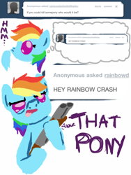 Size: 768x1024 | Tagged: safe, rainbow dash, pegasus, pony, ask, double barreled shotgun, gun, rainbow crash, rainbowdashtellsitlikeitis, shotgun, tumblr, weapon