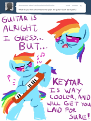 Size: 768x1024 | Tagged: safe, rainbow dash, pegasus, pony, ask, keytar, musical instrument, rainbowdashtellsitlikeitis, tumblr