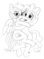 Size: 1280x1712 | Tagged: safe, artist:pabbley, derpibooru import, pinkie pie, rainbow dash, earth pony, pegasus, pony, cuddling, cute, female, hug, lesbian, monochrome, pinkiedash, possessive, shipping, simple background, snuggling, white background