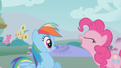 Size: 1280x720 | Tagged: safe, derpibooru import, screencap, pinkie pie, rainbow dash, earth pony, pegasus, pony, dragonshy, eyes closed, open mouth, scared, tongue out