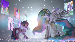 Size: 3000x1687 | Tagged: safe, artist:vinuldash, derpibooru import, applejack, fluttershy, pinkie pie, princess celestia, rainbow dash, rarity, spike, twilight sparkle, alicorn, dragon, earth pony, pegasus, pony, unicorn, friendship is magic, magical mystery cure, sweet and elite, the best night ever, 3d, celestia's ballad, clothes, dress, gala dress, hug, mane seven, mane six, princess celestia's special princess making dimension, raised hoof, scene interpretation, smiling, source filmmaker, sparkles, spread wings