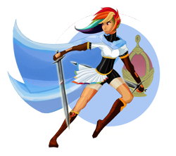 Size: 800x709 | Tagged: safe, artist:half-pint-hero, rainbow dash, human, cape, clothes, crossover, dual wield, humanized, puella magi madoka magica, simple background, solo, sword, transparent background