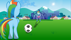 Size: 4798x2721 | Tagged: safe, artist:destinytails, rainbow dash, equestria girls, football, goal, human ponidox, plot, square crossover