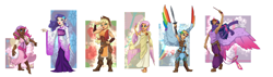 Size: 4600x1300 | Tagged: safe, artist:joan-grace, derpibooru import, applejack, fluttershy, pinkie pie, rainbow dash, rarity, twilight sparkle, twilight sparkle (alicorn), alicorn, butterfly, human, absurd resolution, armor, armpits, barefoot, boots, bracelet, clothes, colored wings, colored wingtips, dark skin, dress, ear piercing, earring, element of magic, elf ears, feet, flexing, glare, gypsy pie, humanized, jewelry, kimono (clothing), lipstick, magic wand, mane six, muscles, piercing, smiling, smirk, spread wings, sword, tiara, toga, unicorns as elves, wand, weapon, winged humanization, wings