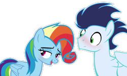 Size: 1440x864 | Tagged: safe, artist:skylaph, derpibooru import, rainbow dash, soarin', pegasus, pony, newbie dash, blushing, male, outline, rainbow fash, shipping, simple background, soarindash, straight, transparent background