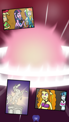 Size: 2986x5253 | Tagged: safe, artist:deannaphantom13, derpibooru import, adagio dazzle, applejack, rainbow dash, sonata dusk, twilight sparkle, comic:equestrian city, equestria girls, rainbow rocks, absurd resolution, belly button, comic, equestrian city, explosion, midriff, ponied up, statue