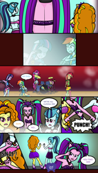 Size: 2986x5253 | Tagged: safe, artist:deannaphantom13, derpibooru import, adagio dazzle, applejack, aria blaze, fluttershy, pinkie pie, rainbow dash, sonata dusk, comic:equestrian city, equestria girls, rainbow rocks, absurd resolution, bare shoulders, betrayal, comic, equestrian city, punch, sleeveless, strapless, strapless bikini, the dazzlings