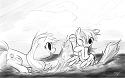 Size: 1024x640 | Tagged: safe, artist:topgull, derpibooru import, applejack, rainbow dash, earth pony, pegasus, pony, beach, monochrome, ocean, water