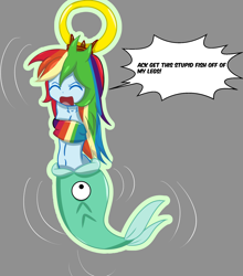 Size: 1808x2056 | Tagged: artist needed, safe, derpibooru import, rainbow dash, fish, mermaid, equestria girls, angry, armpits, arms in the air, bandeau, belly button, bondage, breasts, cleavage, crossover, eyes closed, female, maiden fish, mermaidized, midriff, shantae, shantae: half-genie hero, solo, tied