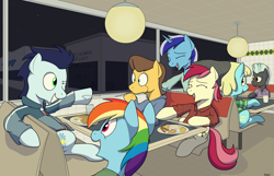 Size: 3889x2512 | Tagged: safe, artist:rapidstrike, derpibooru import, caramel, minuette, rainbow dash, roseluck, sassaflash, soarin', thunderlane, pegasus, pony, clothes, eating, loss (meme), old cutie mark, restaurant