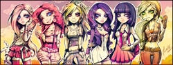 Size: 960x365 | Tagged: safe, artist:einnharder, derpibooru import, applejack, fluttershy, pinkie pie, rainbow dash, rarity, twilight sparkle, human, humanized, line-up, mane six, suspenders