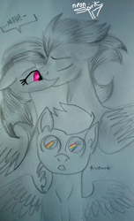 Size: 720x1188 | Tagged: safe, artist:neonspirit17, derpibooru import, rainbow dash, soarin', pegasus, pony, colt, kissing, male, pencil drawing, shipping, soarindash, sonic rainboom, straight, traditional art