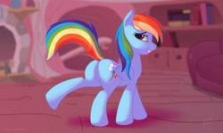 Size: 1615x962 | Tagged: safe, artist:skipsy, edit, rainbow dash, pegasus, pony, butt, featureless crotch, female, golden oaks library, looking at you, looking back, looking back at you, mare, plot, rainbutt dash, raised leg, sexy, smirk, solo, stupid sexy rainbow dash