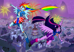 Size: 3508x2480 | Tagged: safe, artist:zakurarain, rainbow dash, twilight sparkle, equestria girls, 4th of july, american independence day, belly button, clothes, fireworks, flying, independence day, midriff, murica, ponied up, ponyville, skirt