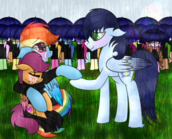 Size: 1024x829 | Tagged: safe, artist:northlights8, derpibooru import, rainbow dash, scootaloo, soarin', pegasus, pony, colored wings, crying, fanfic, fanfic art, funeral, male, rain, scootalove, shipping, soarindash, straight, wet mane