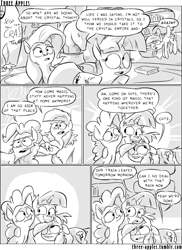 Size: 944x1294 | Tagged: safe, artist:capnpea, derpibooru import, apple bloom, fluttershy, pinkie pie, rainbow dash, twilight sparkle, twilight sparkle (alicorn), alicorn, earth pony, pegasus, pony, comic:three apples, comic, female, golden oaks library, hug, mare, monochrome