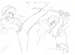 Size: 2338x1700 | Tagged: safe, artist:sundown, derpibooru import, applejack, rainbow dash, human, fight, humanized, martial arts, monochrome, sword, weapon, winged humanization