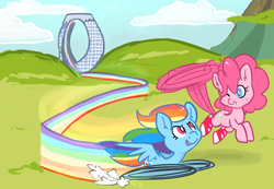 Size: 1000x692 | Tagged: safe, artist:mt, derpibooru import, pinkie pie, rainbow dash, earth pony, pegasus, pony, clothes, crossover, hilarious in hindsight, miles "tails" prower, parody, pinkie being pinkie, pinkie physics, pinkiecopter, shoes, sonic the hedgehog (series)