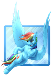 Size: 1800x2520 | Tagged: safe, artist:mykegreywolf, derpibooru import, rainbow dash, pegasus, pony, flying, large wings, open mouth, raised hoof, sky, smiling, solo, wings