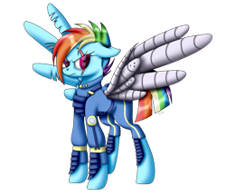 Size: 3700x3200 | Tagged: safe, artist:raymanlover14, derpibooru import, rainbow dash, pegasus, pony, the cutie re-mark, alternate timeline, amputee, apocalypse dash, artificial wings, augmented, crystal war timeline, mechanical wing, prosthetic limb, prosthetic wing, prosthetics, scar, solo, spread wings, torn ear, wings