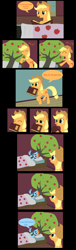 Size: 1024x3385 | Tagged: safe, artist:kasun05, derpibooru import, applejack, bloomberg, rainbow dash, earth pony, pegasus, pony, over a barrel, bed, clothes, costume, reading, scene interpretation, tree costume