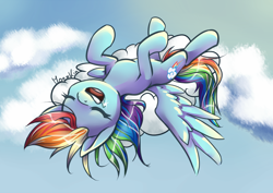 Size: 1024x724 | Tagged: safe, artist:moenkin, rainbow dash, pegasus, pony, cloud, cloudy, drool, sleeping, solo