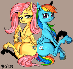 Size: 992x929 | Tagged: safe, artist:nekubi, fluttershy, rainbow dash, pegasus, pony, butt bump, butt to butt, butt touch, simple background, thin legs