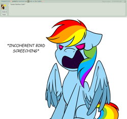 Size: 1024x953 | Tagged: safe, artist:yogfan, derpibooru import, rainbow dash, pegasus, pony, ask, behaving like a bird, descriptive noise, deviantart, faic, meme, simple background, solo, transparent background