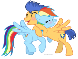 Size: 1364x1032 | Tagged: safe, artist:eeveepikachuchan, flash sentry, rainbow dash, pegasus, pony, blushing, cute, dashabetes, diasentres, eyes closed, female, flashdash, grin, hug, male, open mouth, shipping, shipping war in the comments, smiling, spread wings, straight