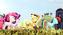 Size: 7680x4320 | Tagged: safe, artist:pointystarz, derpibooru import, applejack, cheerilee, lyra heartstrings, pinkie pie, rainbow dash, starlight glimmer, earth pony, pegasus, pony, 3d, absurd resolution, cider mug, desperation, mug, need to pee, omorashi, outhouse, potty dance, potty emergency, potty time, source filmmaker, trotting in place