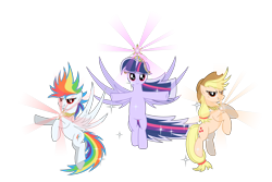 Size: 4800x3200 | Tagged: safe, artist:zuko42, derpibooru import, applejack, rainbow dash, twilight sparkle, twilight sparkle (alicorn), alicorn, earth pony, pegasus, pony, big crown thingy, element of honesty, element of loyalty, element of magic, elements of harmony, female, mare, simple background, super applejack, super form, super rainbow dash, super twilight sparkle, transparent background