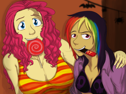 Size: 1000x743 | Tagged: safe, artist:cartoonlion, derpibooru import, pinkie pie, rainbow dash, human, breasts, candy, chocolate, cleavage, female, futaverse, halloween, humanized, lesbian, lollipop, pinkie pies, pinkiedash, shipping