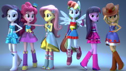 Size: 3840x2160 | Tagged: safe, artist:efk-san, derpibooru import, applejack, fluttershy, pinkie pie, rainbow dash, rarity, twilight sparkle, equestria girls, 3d, bedroom eyes, blender, boots, bracelet, clothes, cowboy boots, dress, fall formal outfits, floating, freckles, hat, hat tip, high heel boots, high res, humane five, humane six, jewelry, looking at you, mane six, open mouth, ponied up, raised leg, skirt, sleeveless, smiling, strapless, top hat, twilight ball dress