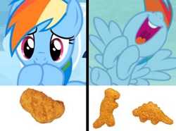 Size: 474x352 | Tagged: safe, derpibooru import, screencap, rainbow dash, pegasus, pony, rarity investigates, chicken nugget, happy, solo