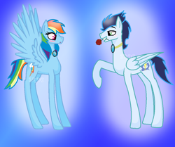 Size: 938x786 | Tagged: safe, artist:soarinrainbowdash3, derpibooru import, rainbow dash, soarin', pegasus, pony, flower, goggles, male, rose, shipping, soarindash, spread wings, straight, wingboner