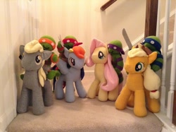 Size: 960x717 | Tagged: safe, artist:myhandmadestuffs, derpibooru import, applejack, derpy hooves, fluttershy, rainbow dash, pegasus, pony, crossover, female, irl, mare, photo, plushie, riding, teenage mutant ninja turtles