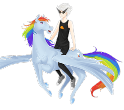 Size: 1000x885 | Tagged: safe, artist:aneogyps, rainbow dash, human, pegasus, pony, clothes, dirk strider, duo, female, hoers, homestuck, humans riding ponies, male, mare, realistic horse legs, riding, spread wings, sunglasses, tanktop, teenager, wings