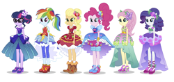 Size: 2500x1181 | Tagged: safe, derpibooru import, applejack, fluttershy, pinkie pie, rainbow dash, rarity, sci-twi, twilight sparkle, equestria girls, legend of everfree, clothes, crystal gala, dress, gala dress, high heels, humane five, humane six, mane six, outfit, simple background, white background