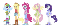 Size: 2500x1181 | Tagged: safe, derpibooru import, applejack, fluttershy, pinkie pie, rainbow dash, rarity, equestria girls, legend of everfree, boho, camp fashion show outfit, clothes, converse, geometric, high heels, humane five, outfit, ponied up, shoes, simple background, white background