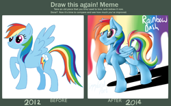 Size: 1024x635 | Tagged: safe, artist:theimmolatedpoet, rainbow dash, pegasus, pony, blue coat, comparison, female, mare, multicolored mane