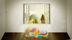 Size: 1920x1080 | Tagged: safe, artist:cr4zyppl, artist:stinkehund, rainbow dash, scootaloo, pegasus, pony, lens flare, ponyville, room, scootalove, sleeping, vector, wallpaper