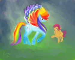 Size: 1280x1024 | Tagged: safe, artist:rubyaura, rainbow dash, scootaloo, pegasus, pony, duo, female, filly, mare, rainbow power